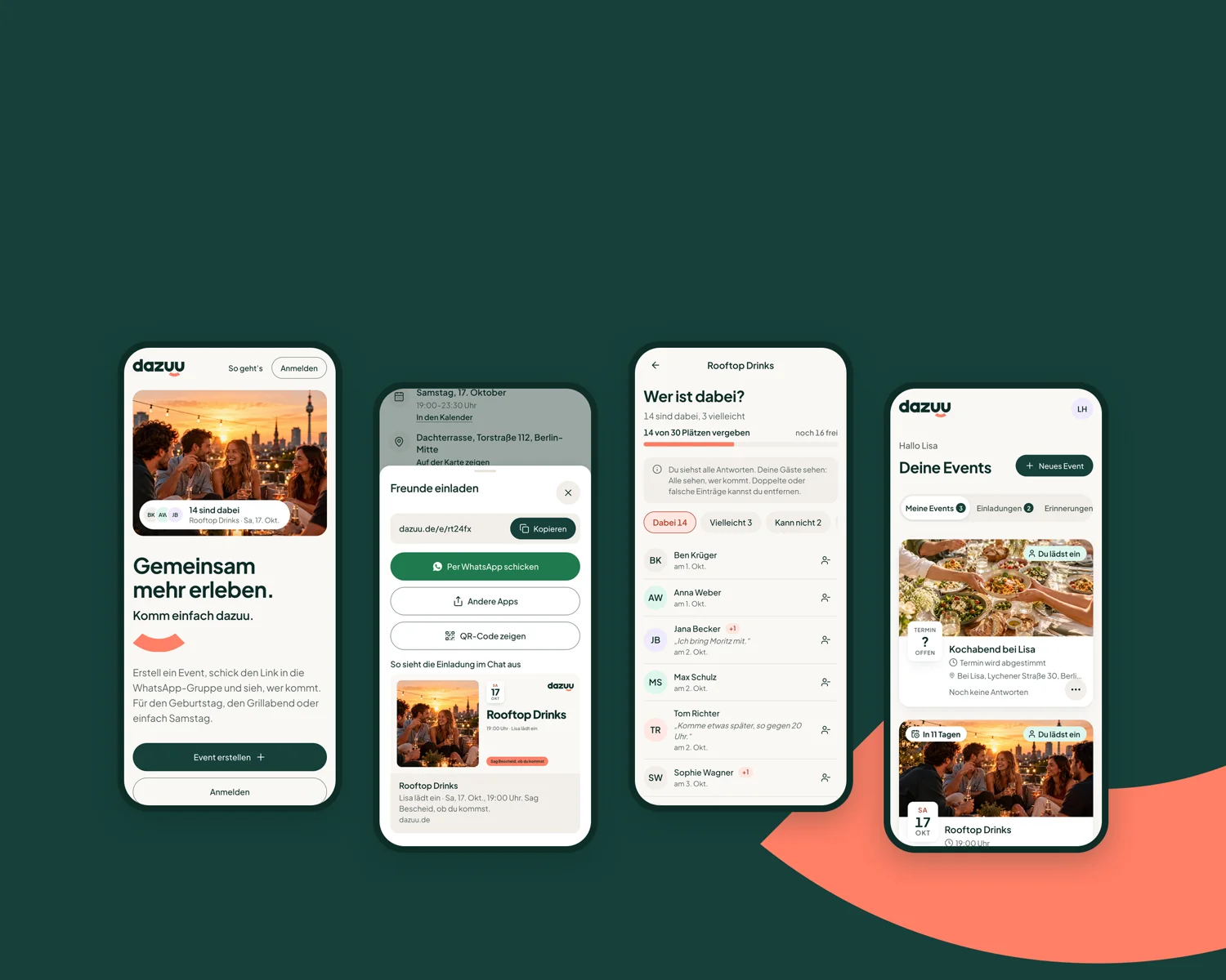 dazuu – vier Handy-Ansichten der App auf dunkelgruenem Grund
