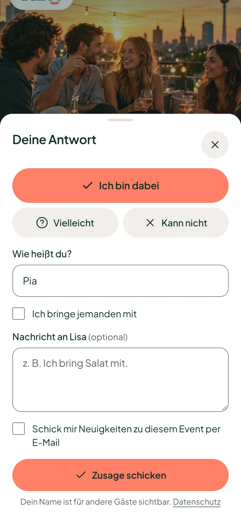 Zusage mit Namenseingabe, ohne Account