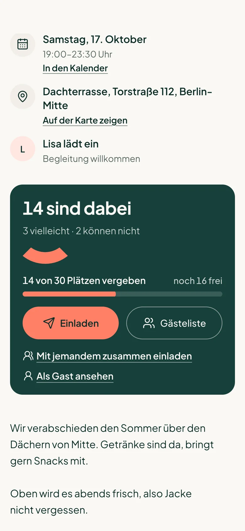 Gastgeber-Ansicht mit Zusagen und freien Plätzen