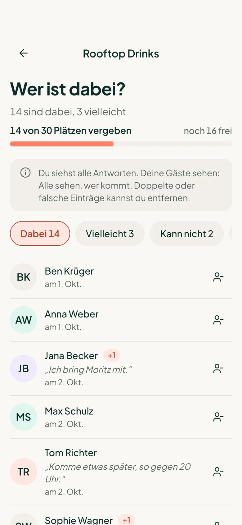 Die Gästeliste mit Nachrichten der Gäste