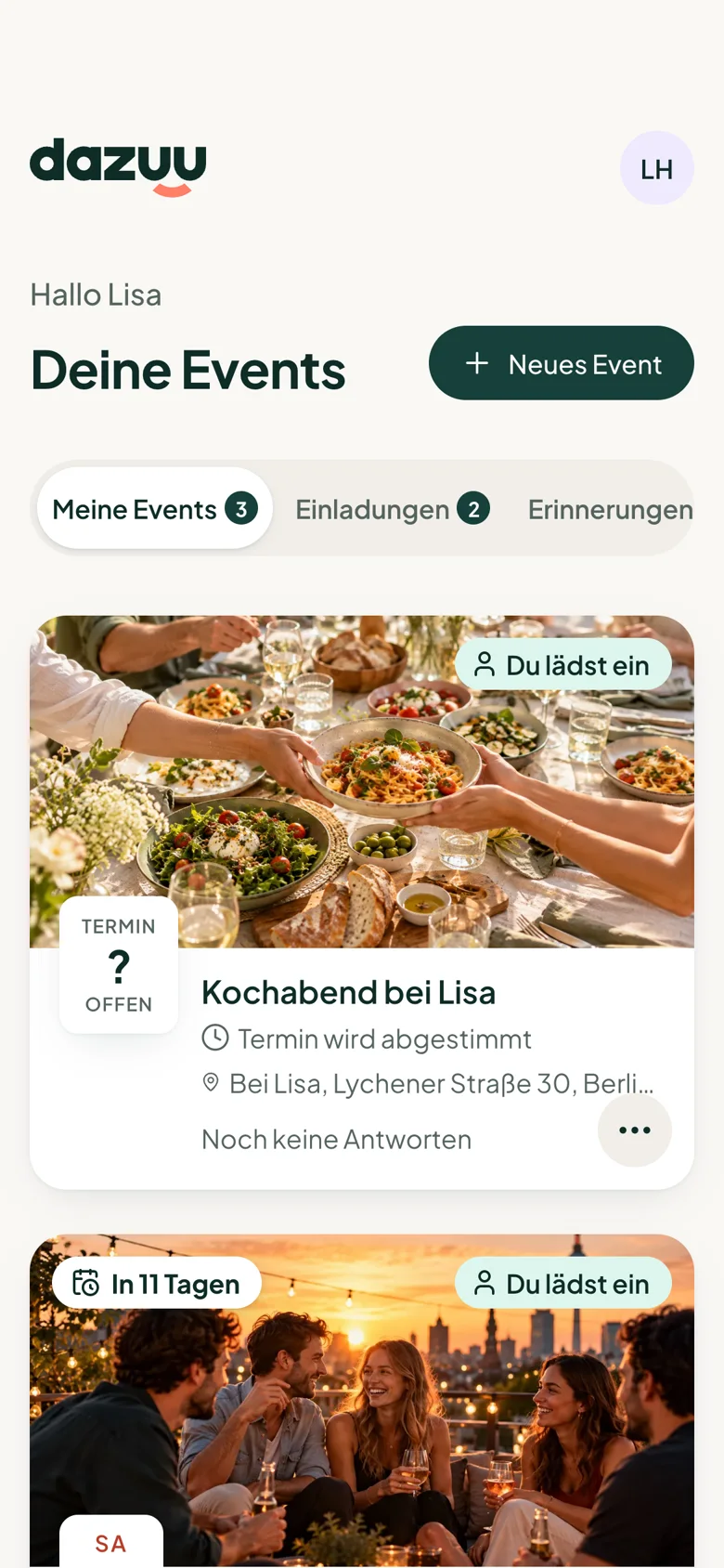 Übersicht „Deine Events“ mit eigenen und fremden Einladungen