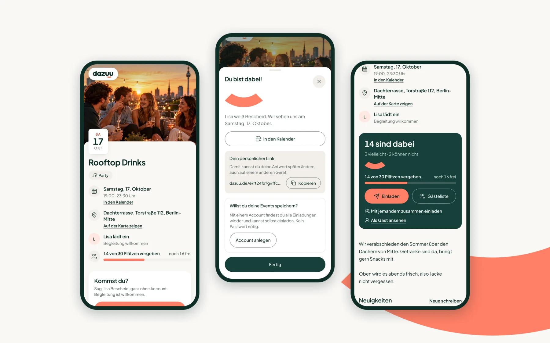 Drei Handy-Ansichten von dazuu: Einladung, Zusage und Gastgeber-Ansicht